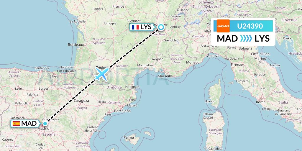 U24390 EasyJet Flight Map: Madrid to Lyon