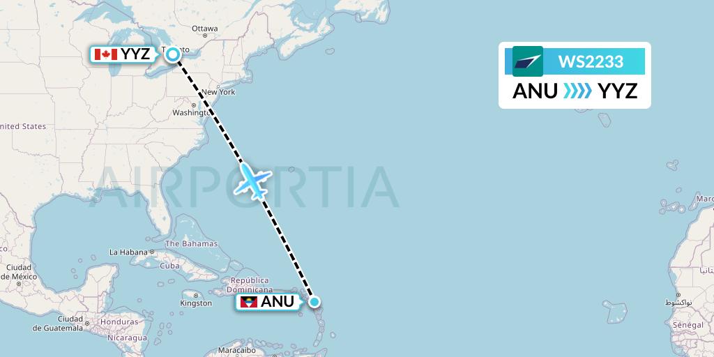 WS2233 WestJet Flight Map: Antigua to Toronto
