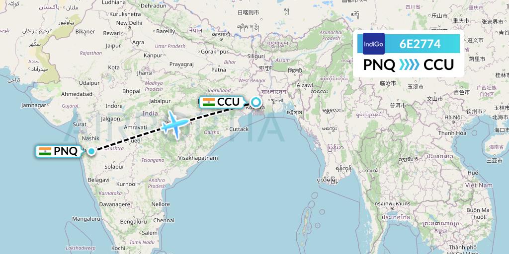 6E2774 IndiGo Airlines Flight Map: Pune to Kolkata