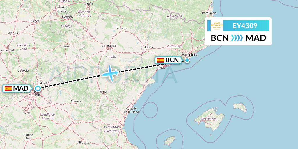 EY4309 Etihad Airways Flight Map: Barcelona to Madrid