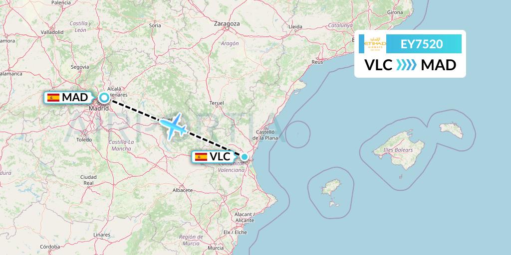 EY7520 Etihad Airways Flight Map: Valencia to Madrid