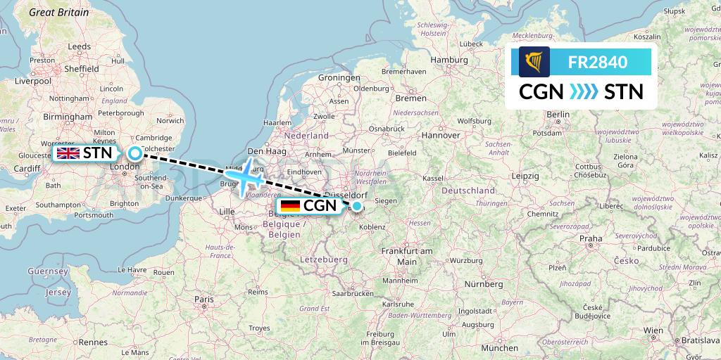 FR2840 Ryanair Flight Map: Cologne to London