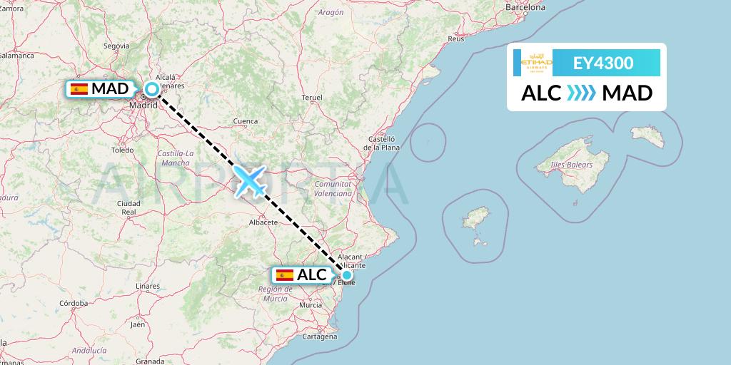 EY4300 Etihad Airways Flight Map: Alicante to Madrid