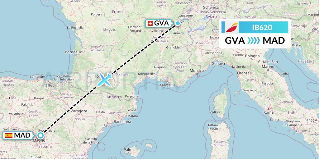 IB620 Iberia Flight Map: Geneva to Madrid