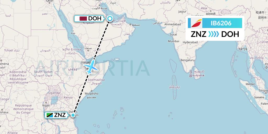 IB6206 Iberia Flight Map: Zanzibar to Doha
