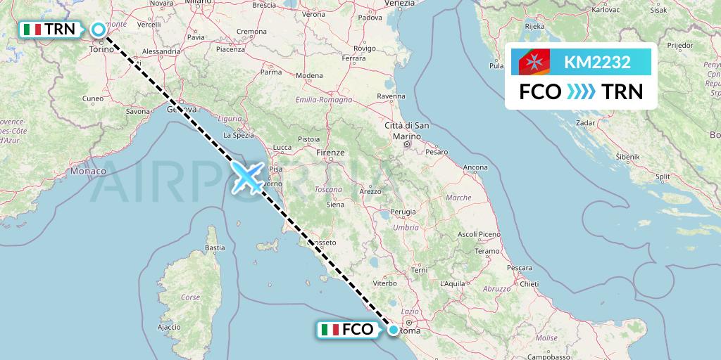 KM2232 Air Malta Flight Map: Rome to Turin