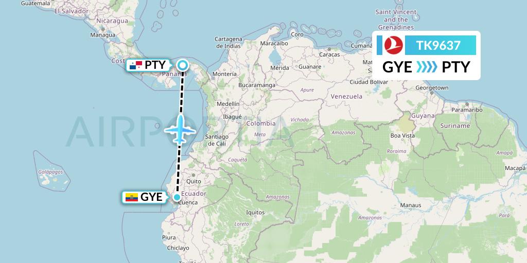 TK9637 Turkish Airlines Flight Map: Guayaquil to Panama City
