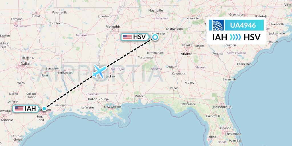 UA4946 United Airlines Flight Map: Houston to Huntsville