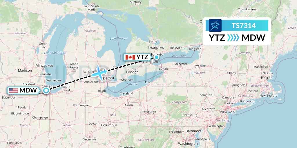 TS7314 Air Transat Flight Map: Toronto to Chicago