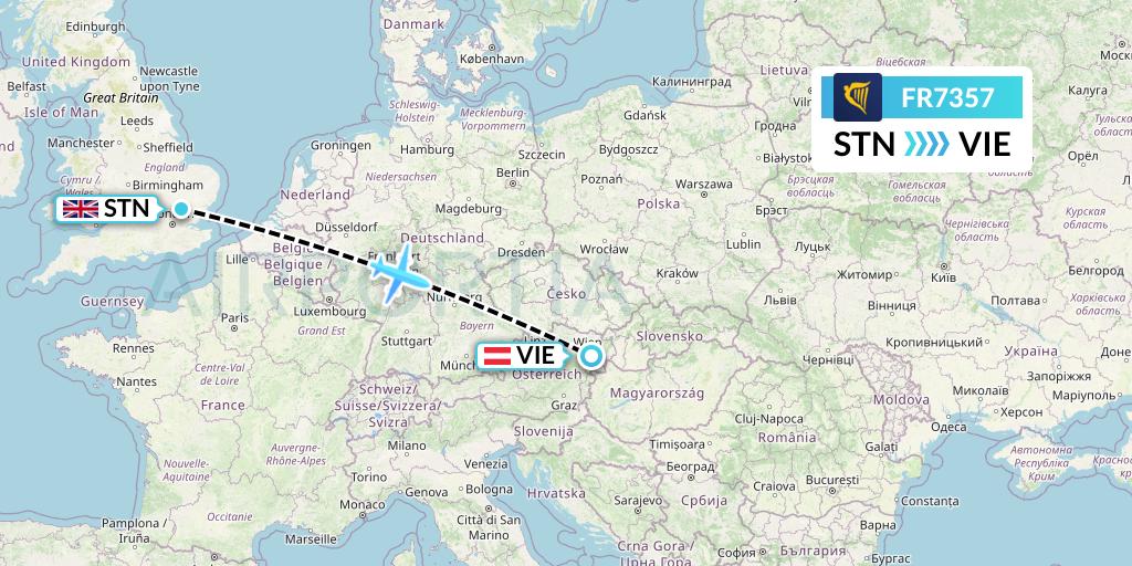 FR7357 Ryanair Flight Map: London to Vienna