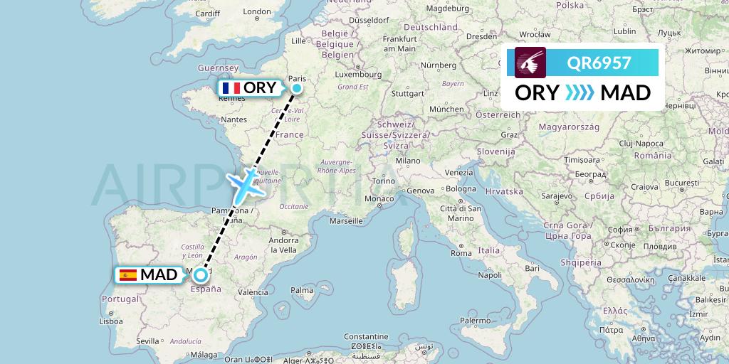 QR6957 Qatar Airways Flight Map: Paris to Madrid