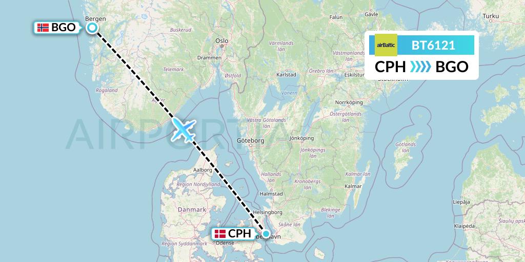 BT6121 Air Baltic Flight Map: Copenhagen to Bergen