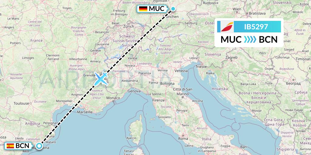 IB5297 Iberia Flight Map: Munich to Barcelona