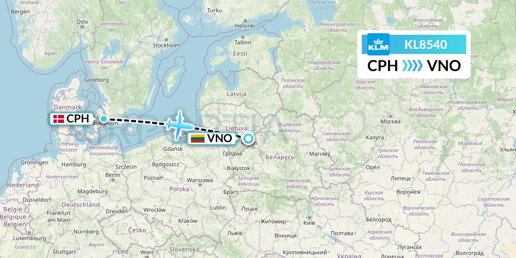 KL8540 KLM Flight Map: Copenhagen to Vilnius