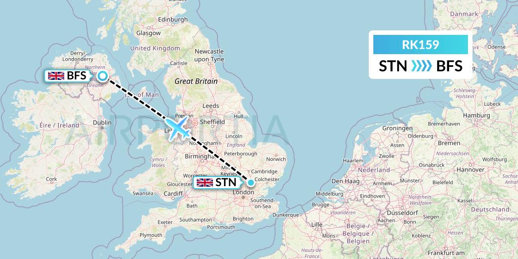 RK159 Ryanair UK Flight Map: London to Belfast