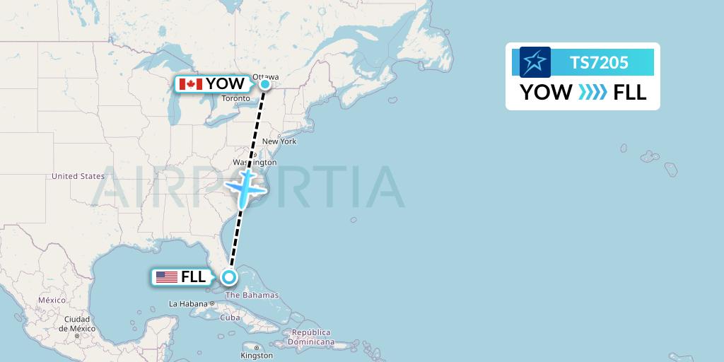 TS7205 Air Transat Flight Map: Ottawa to Fort Lauderdale