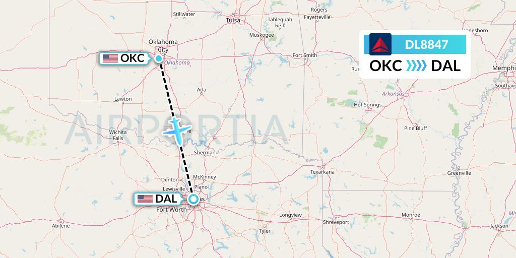 DL8847 Delta Air Lines Flight Map: Oklahoma City to Dallas