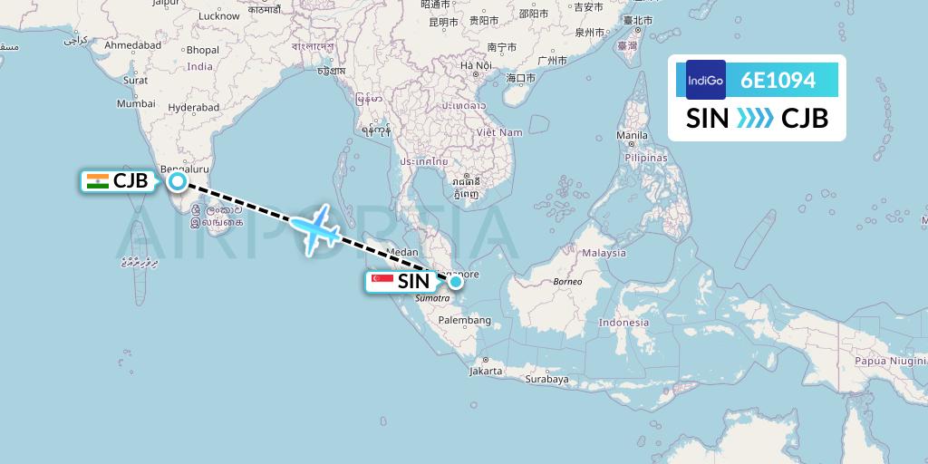 6E1094 IndiGo Airlines Flight Map: Singapore to Coimbatore