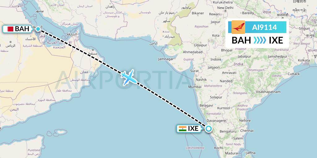 AI9114 Air India Flight Map: Bahrain to Mangalore