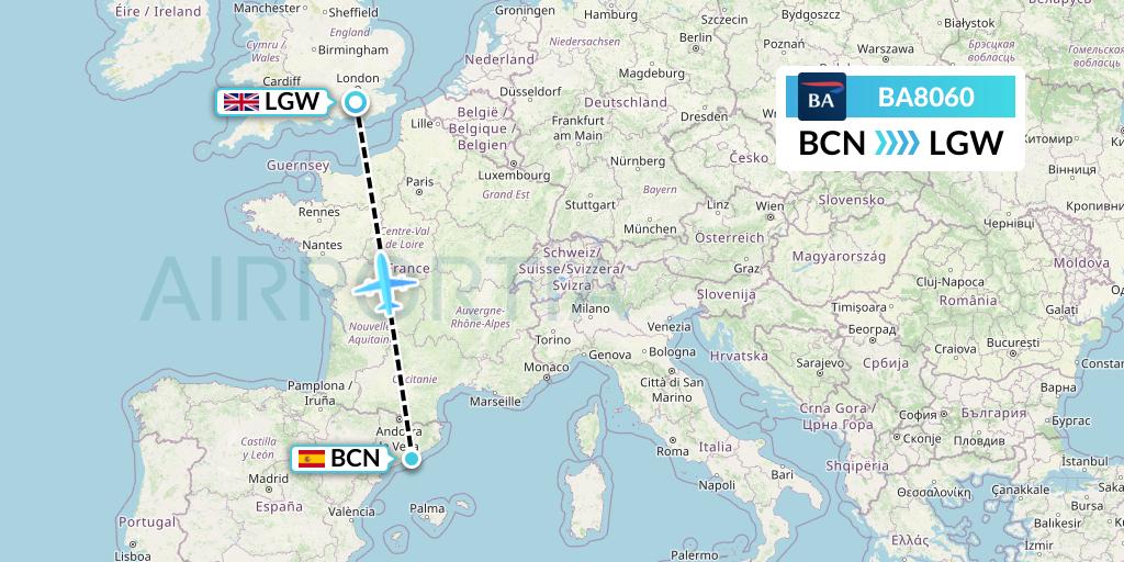 BA8060 British Airways Flight Map: Barcelona to London