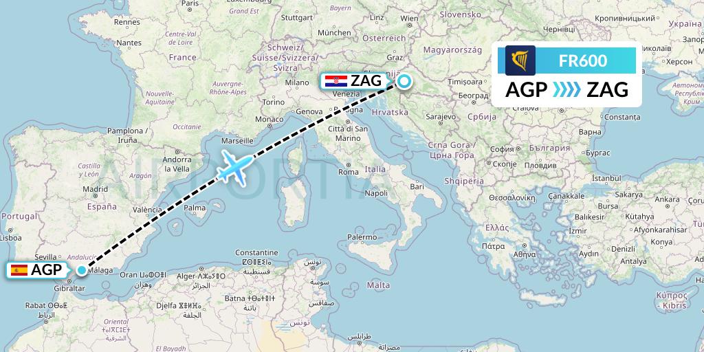 FR600 Ryanair Flight Map: Malaga to Zagreb