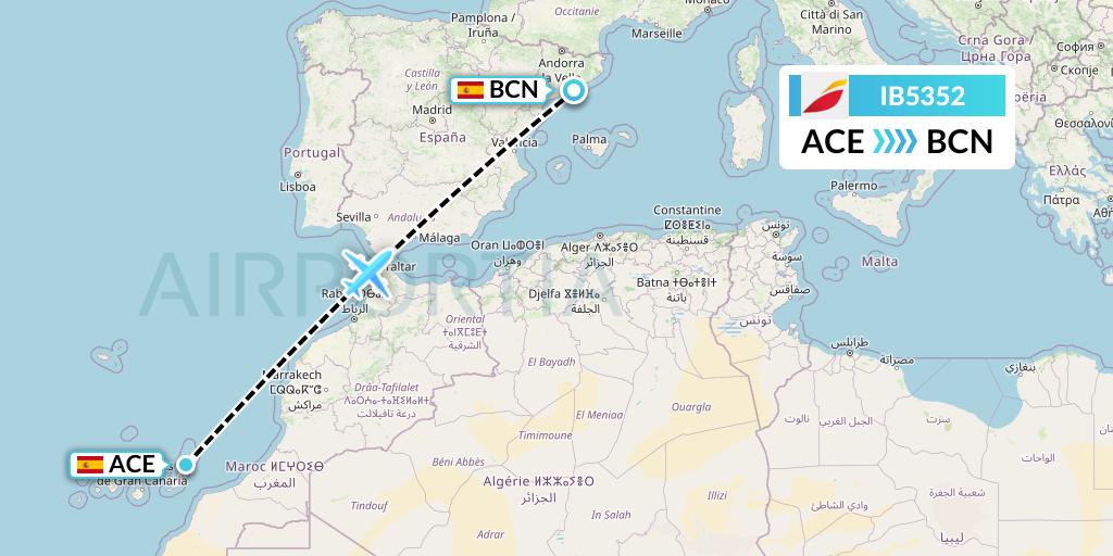 IB5352 Iberia Flight Map: Lanzarote to Barcelona