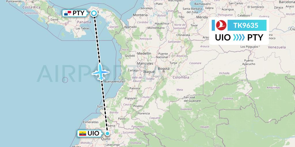TK9635 Turkish Airlines Flight Map: Quito to Panama City