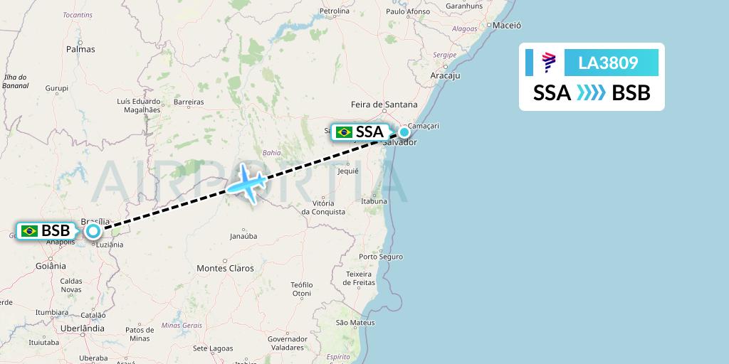 LA3809 LAN Airlines Flight Map: Salvador to Brasilia