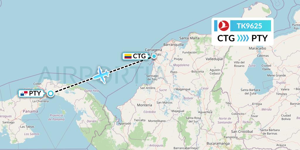 TK9625 Turkish Airlines Flight Map: Cartagena to Panama City