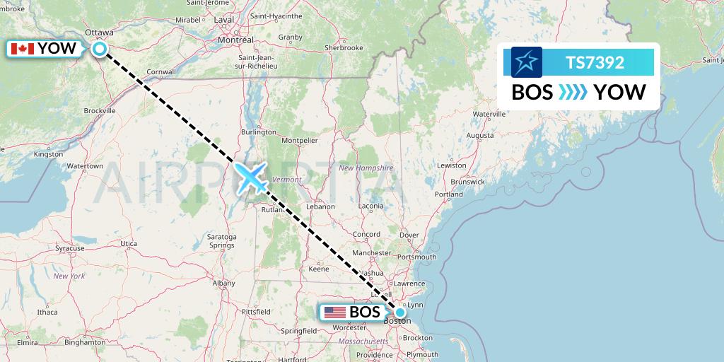 TS7392 Air Transat Flight Map: Boston to Ottawa