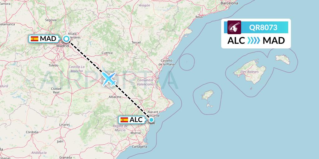 QR8073 Qatar Airways Flight Map: Alicante to Madrid