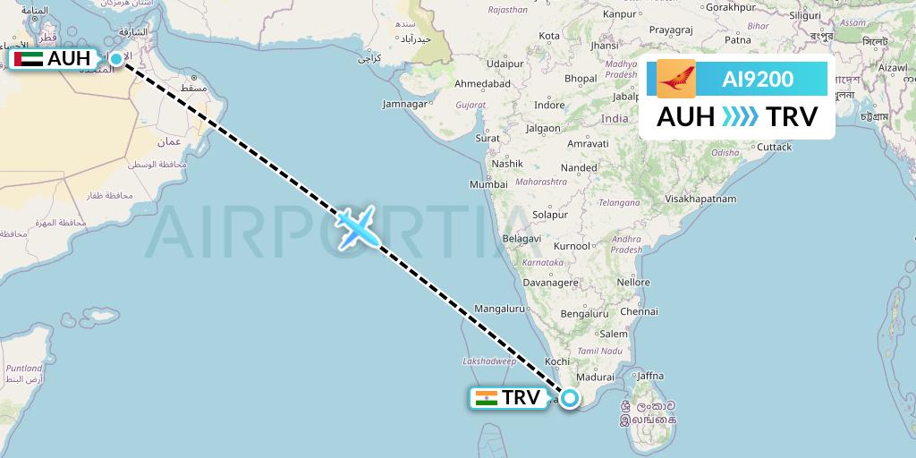 AI9200 Air India Flight Map: Abu Dhabi to Thiruvananthapuram