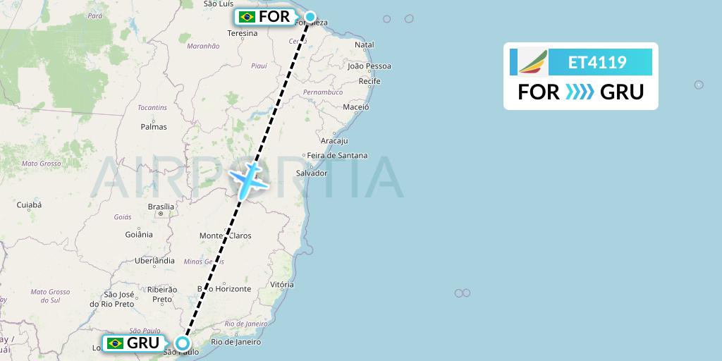 ET4119 Ethiopian Airlines Flight Map: Fortaleza to Sao Paulo