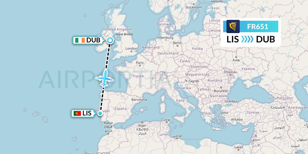 FR651 Ryanair Flight Map: Lisbon to Dublin