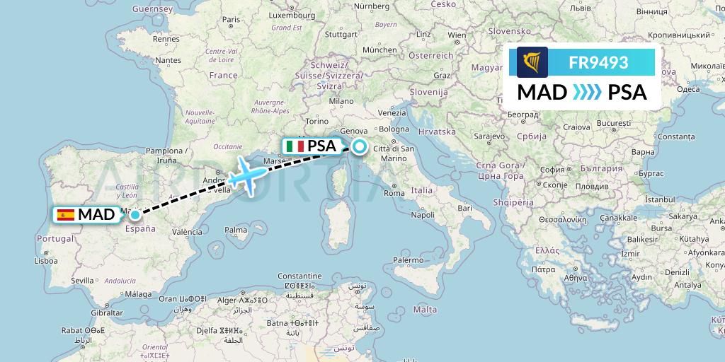 FR9493 Ryanair Flight Map: Madrid to Pisa