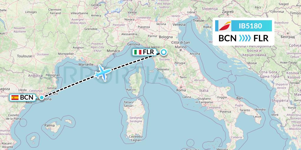IB5180 Iberia Flight Map: Barcelona to Florence