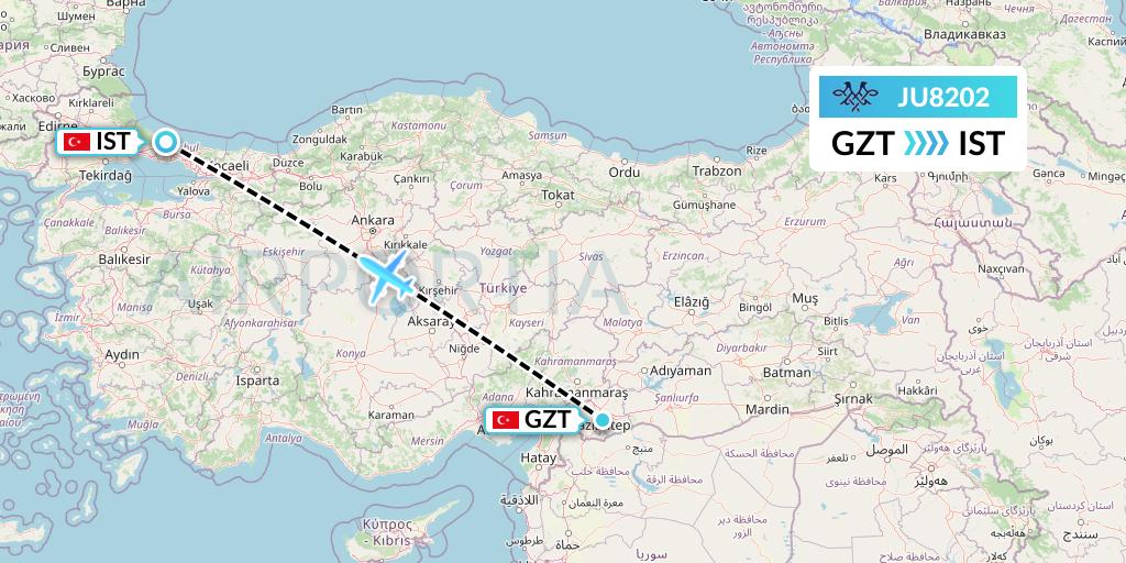 JU8202 AirSERBIA Flight Map: Gaziantep to Istanbul