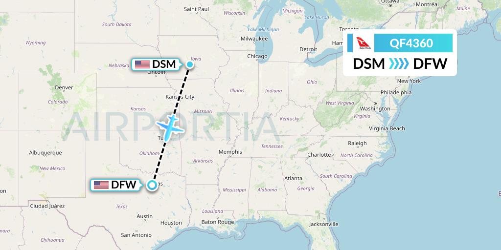 QF4360 Qantas Flight Map: Des Moines to Dallas