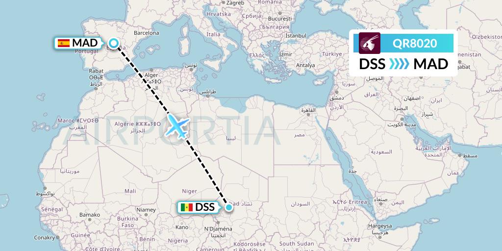 QR8020 Qatar Airways Flight Map: Dakar to Madrid