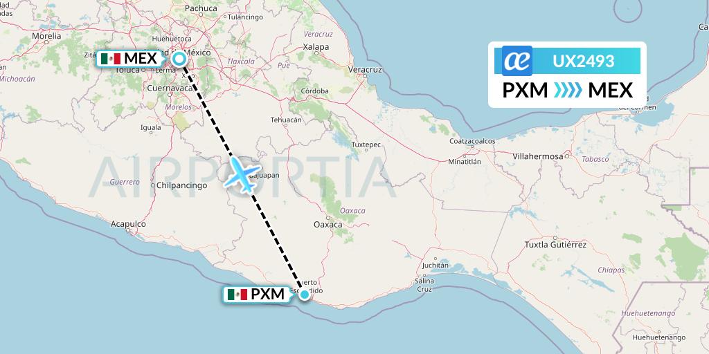 UX2493 Air Europa Flight Map: Puerto Escondido to Mexico City