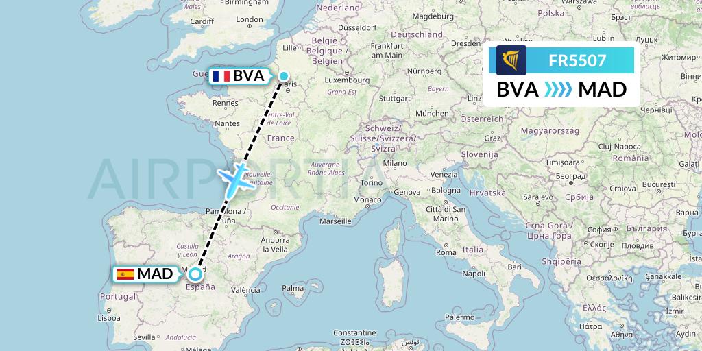 FR5507 Ryanair Flight Map: Paris to Madrid