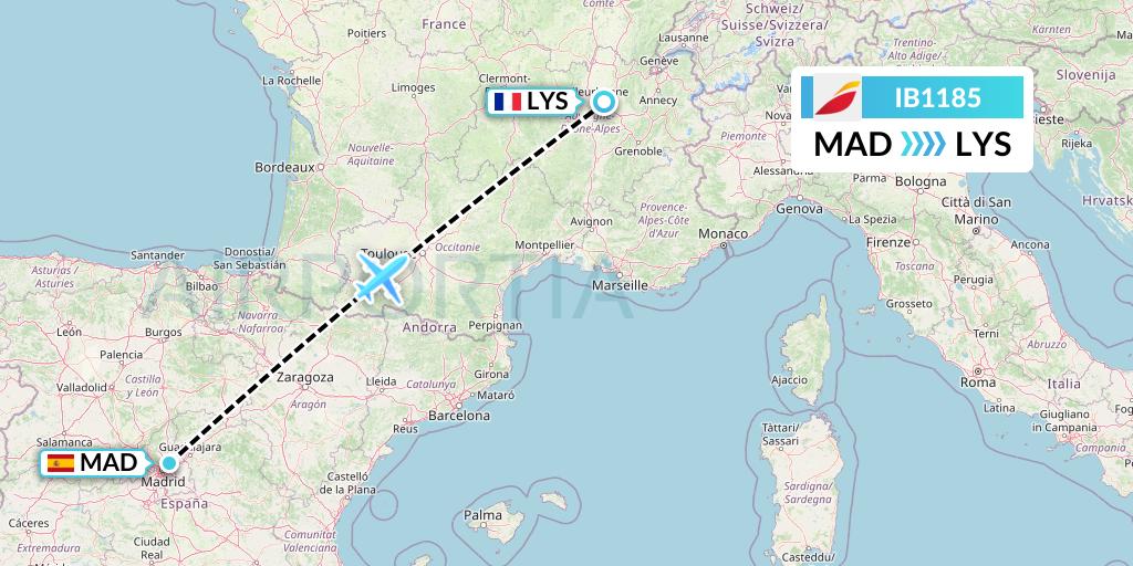 IB1185 Iberia Flight Map: Madrid to Lyon