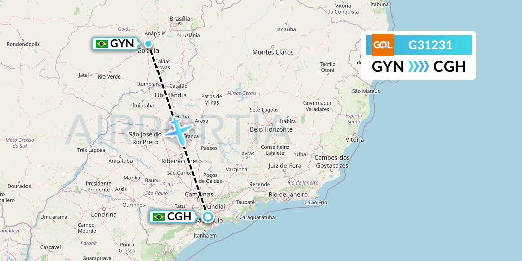 G31231 GOL Transportes Aeros Flight Map: Goiania to Sao Paulo