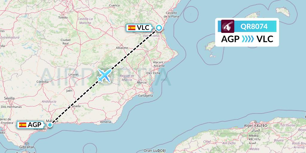 QR8074 Qatar Airways Flight Map: Malaga to Valencia