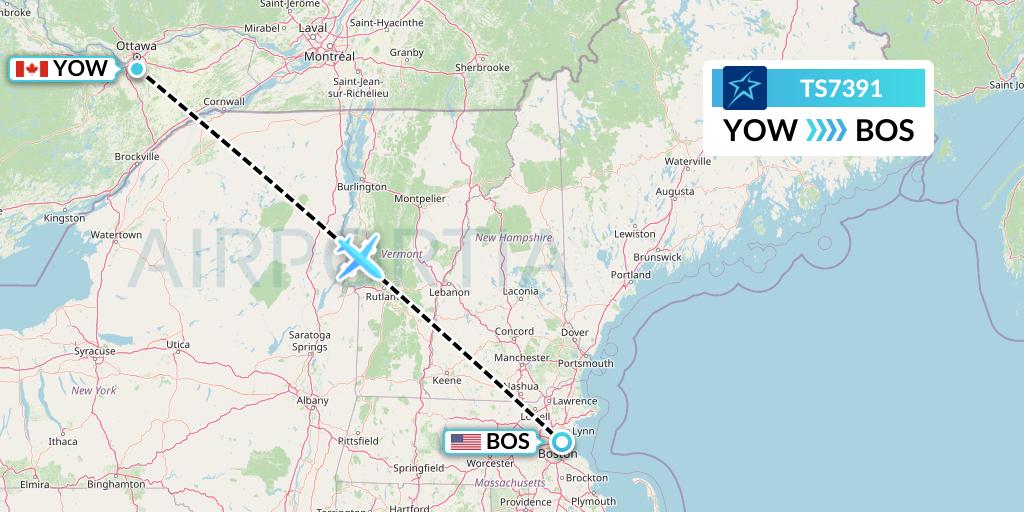 TS7391 Air Transat Flight Map: Ottawa to Boston