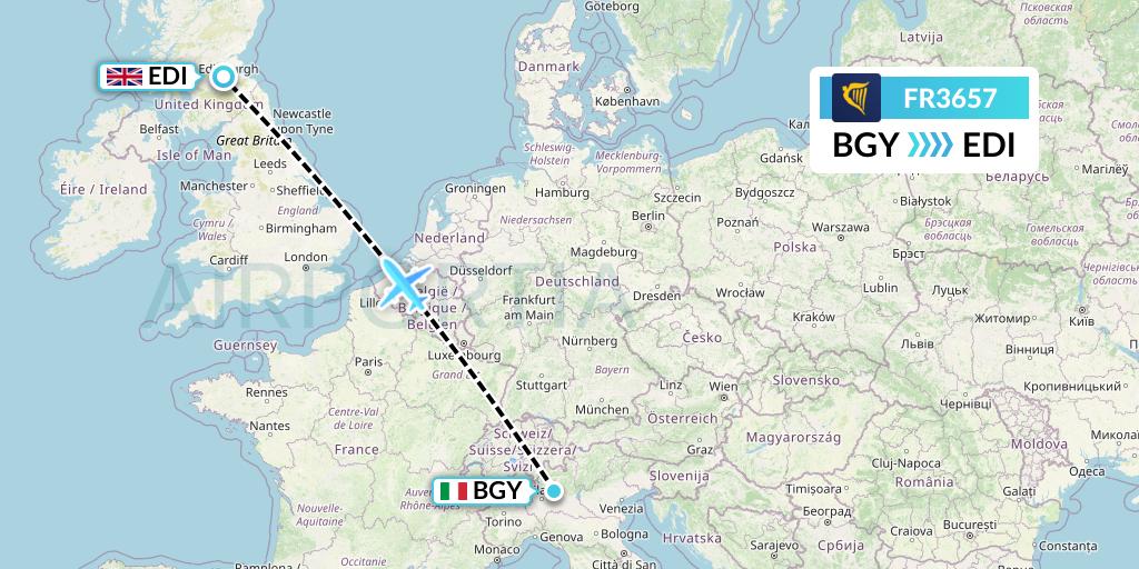 FR3657 Ryanair Flight Map: Milan to Edinburgh