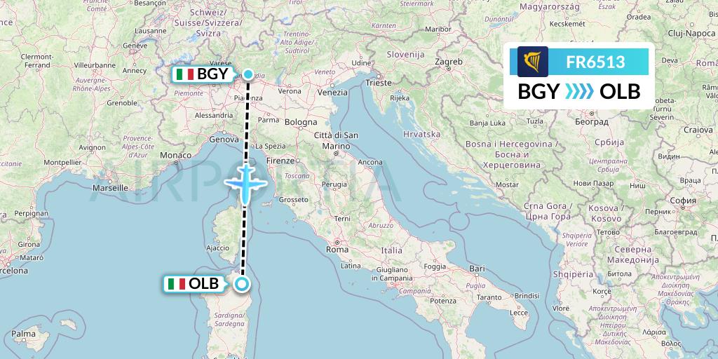 FR6513 Ryanair Flight Map: Milan to Olbia