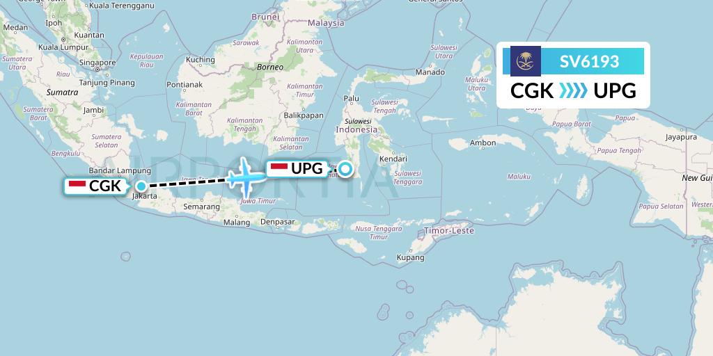 SV6193 Saudi Arabian Airlines Flight Map: Jakarta to Makassar