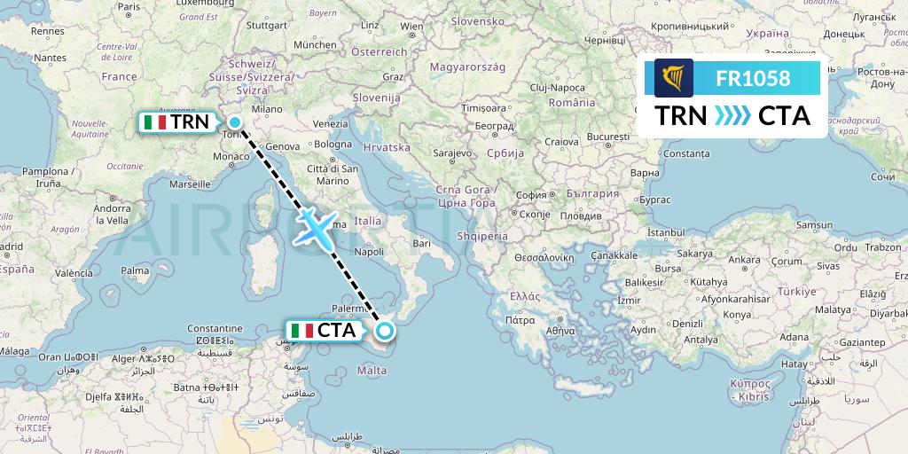 FR1058 Ryanair Flight Map: Turin to Catania