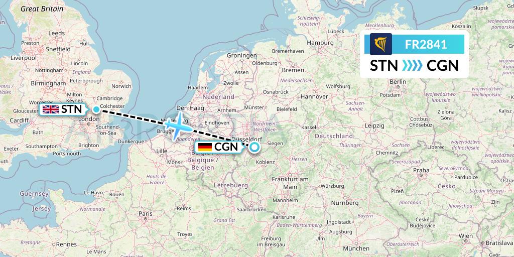 FR2841 Ryanair Flight Map: London to Cologne